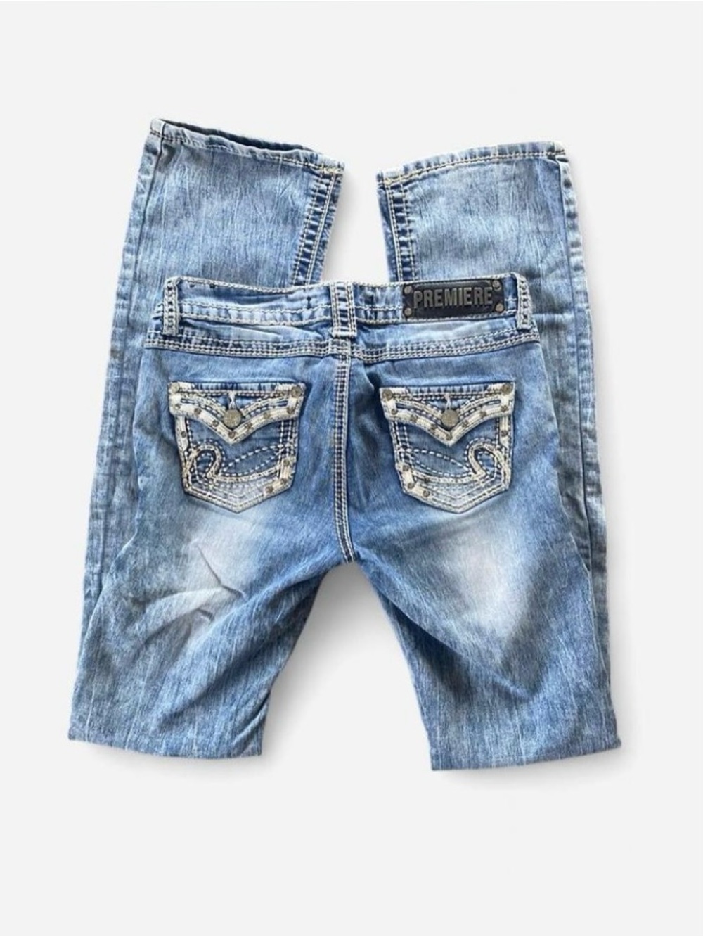 Y2k Premiere Light Blue Wash Long Slim Boot Cut Jeans with Bling Pockets
